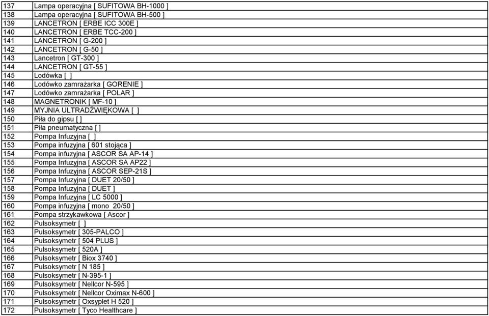 Pompa Infuzyjna [ ] 5 Pompa infuzyjna [ 60 stojąca ] 5 Pompa infuzyjna [ ASCOR SA AP- ] 55 Pompa Infuzyjna [ ASCOR SA AP ] 56 Pompa Infuzyjna [ ASCOR SEP-S ] 57 Pompa Infuzyjna [ DUET 0/50 ] 58 Pompa