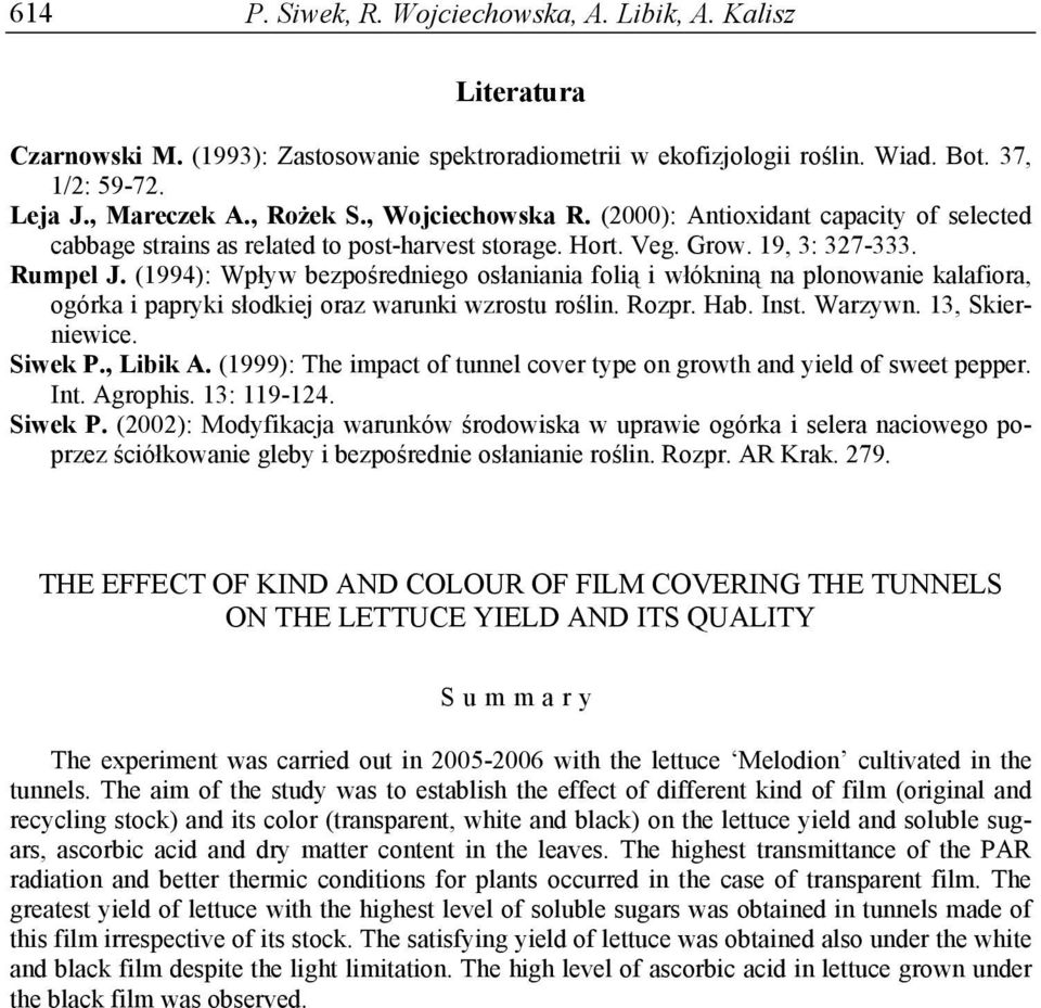 (1994): Wpływ bezpośredniego osłaniania folią i włókniną na plonowanie kalafiora, ogórka i papryki słodkiej oraz warunki wzrostu roślin. Rozpr. Hab. Inst. Warzywn. 13, Skierniewice. Siwek P., Libik A.