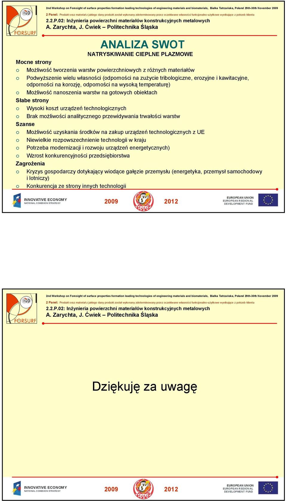 analitycznego przewidywania trwałości warstw Szanse Możliwość uzyskania środków na zakup urządzeń technologicznych z UE Niewielkie rozpowszechnienie technologii w kraju Potrzeba modernizacji i