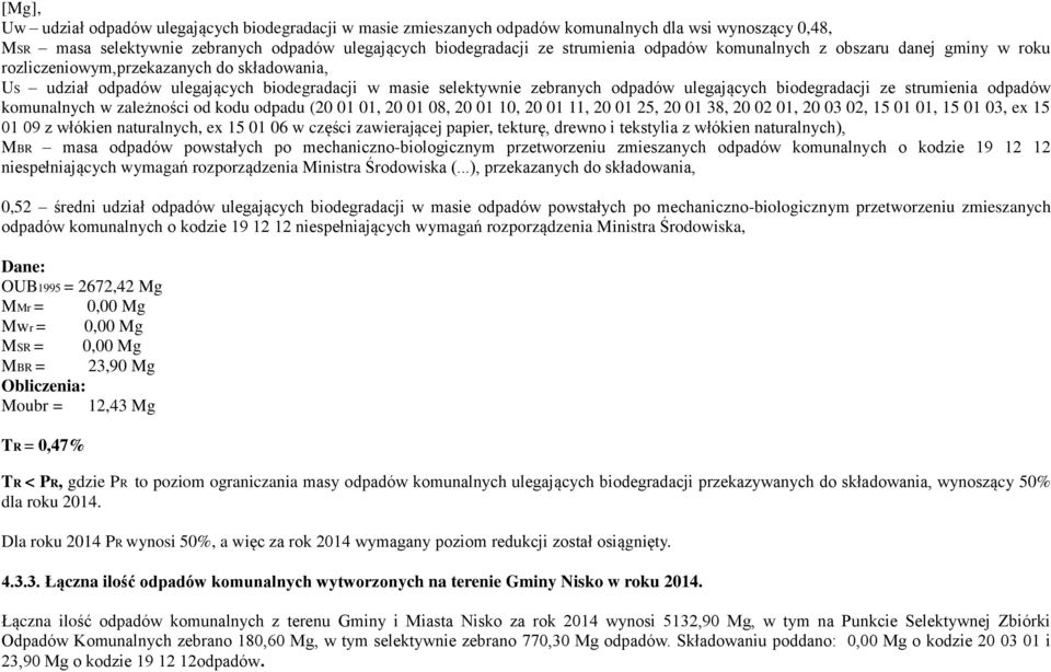 biodegradacji ze strumienia odpadów komunalnych w zależności od kodu odpadu (20 01 01, 20 01 08, 20 01 10, 20 01 11, 20 01 25, 20 01 38, 20 02 01, 20 03 02, 15 01 01, 15 01 03, ex 15 01 09 z włókien