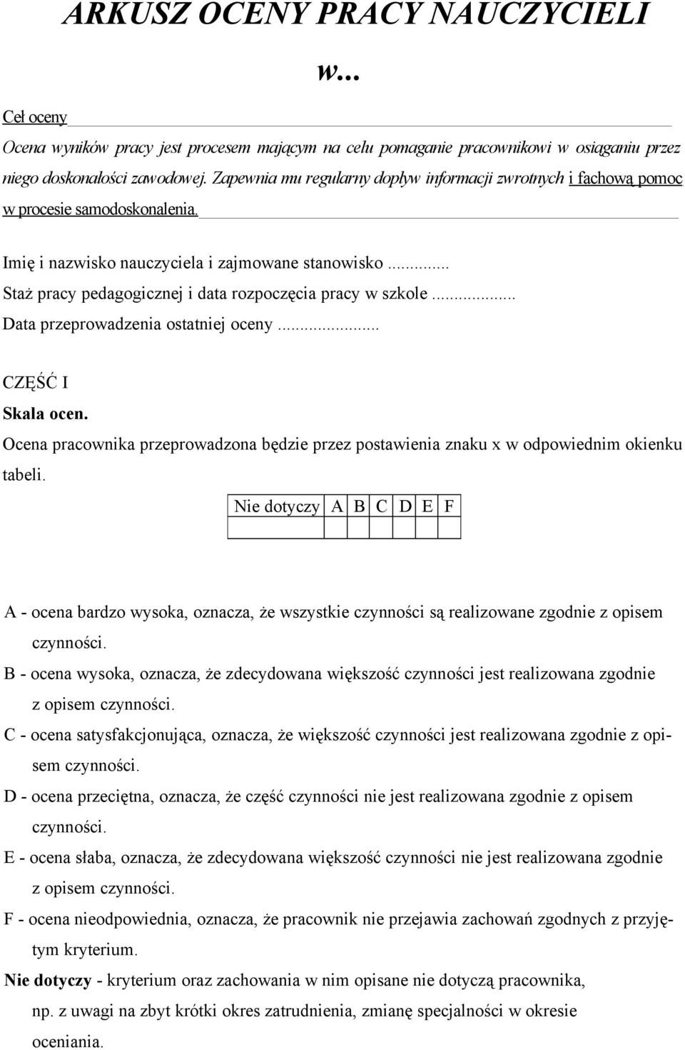 .. Staż pracy pedagogicznej i data rozpoczęcia pracy w szkole... Data przeprowadzenia ostatniej oceny... CZĘŚĆ I Skala ocen.