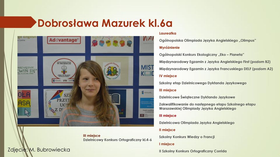 First (poziom B2) Międzynarodowy Egzamin z Języka Francuskiego DELF (poziom A2) IV miejsce Szkolny etap Dzielnicowego Dyktanda Językowego III miejsce Dzielnicowe