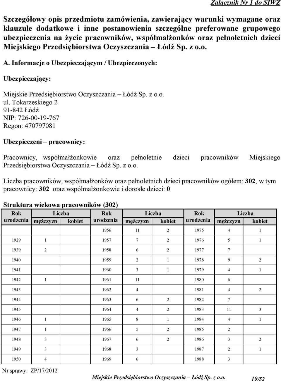 Informacje o Ubezpieczającym / Ubezpieczonych: Ubezpieczający: Miejskie Przedsiębiorstwo Oczyszczania Łódź Sp. z o.o. ul.