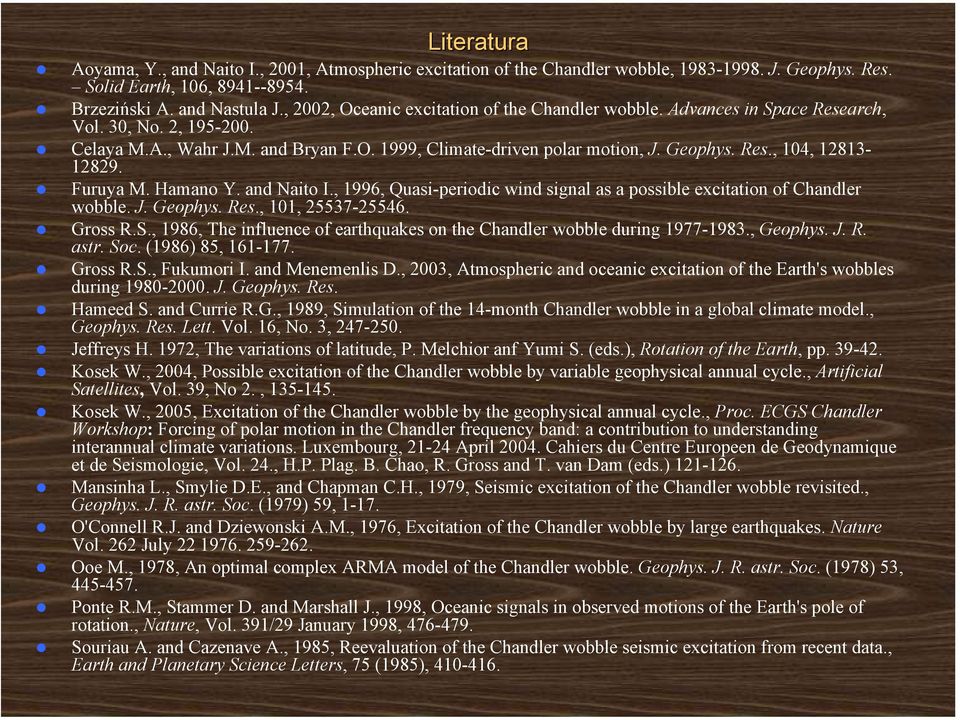 Furuya M. Hamano Y. and Naito I., 1996, Quasi-periodic wind signal as a possible excitation of Chandler wobble. J. Geophys. Res., 101, 25537-25546. Gross R.S.