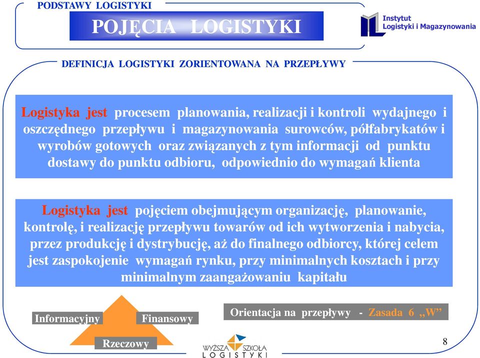 Associciation Logistyka jest pojęciem obejmującym organizację, planowanie, kontrolę, i realizację przepływu towarów od ich wytworzenia i nabycia, przez produkcję i dystrybucję, aż do