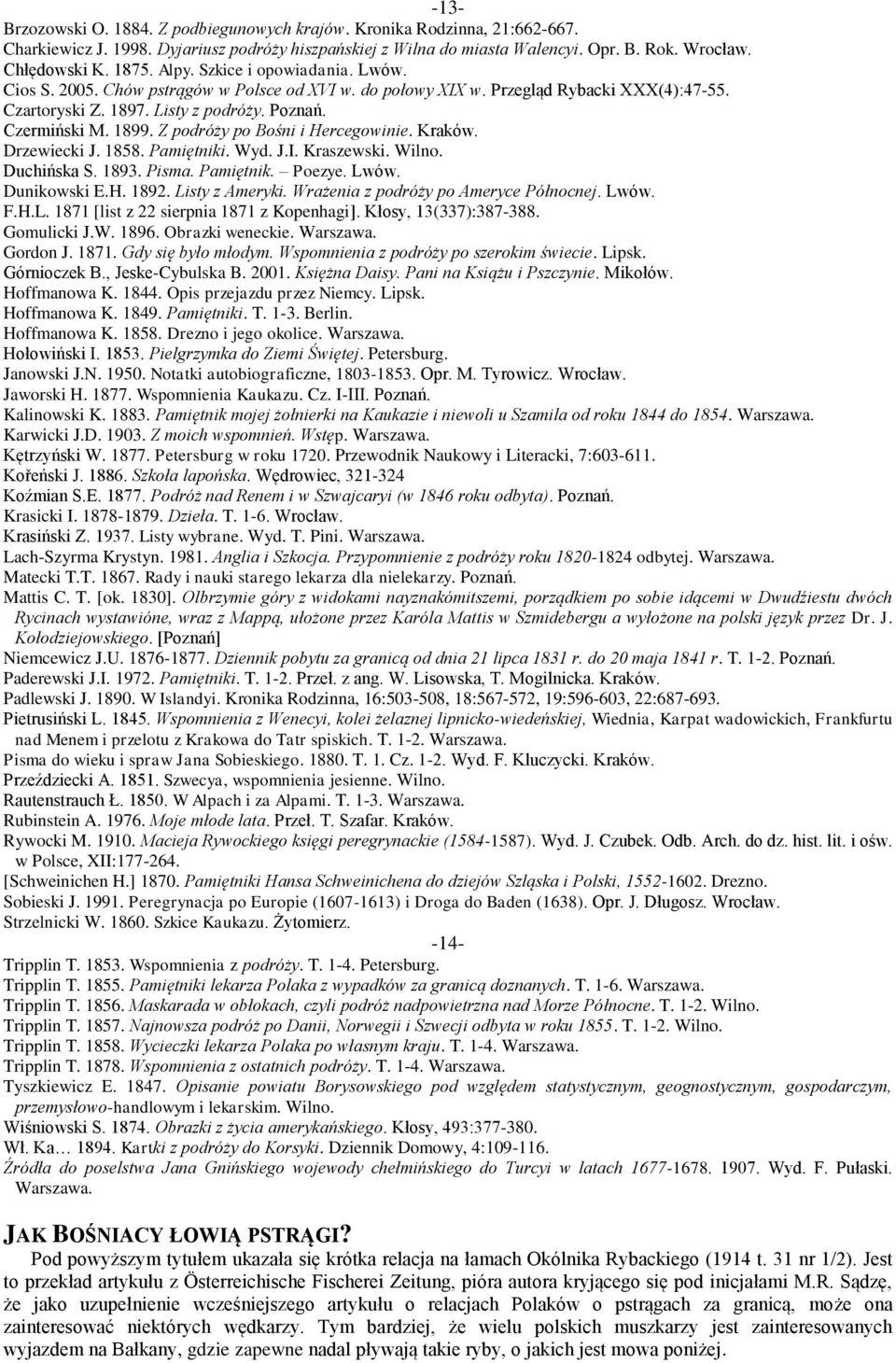 Z podróży po Bośni i Hercegowinie. Kraków. Drzewiecki J. 1858. Pamiętniki. Wyd. J.I. Kraszewski. Wilno. Duchińska S. 1893. Pisma. Pamiętnik. Poezye. Lwów. Dunikowski E.H. 1892. Listy z Ameryki.