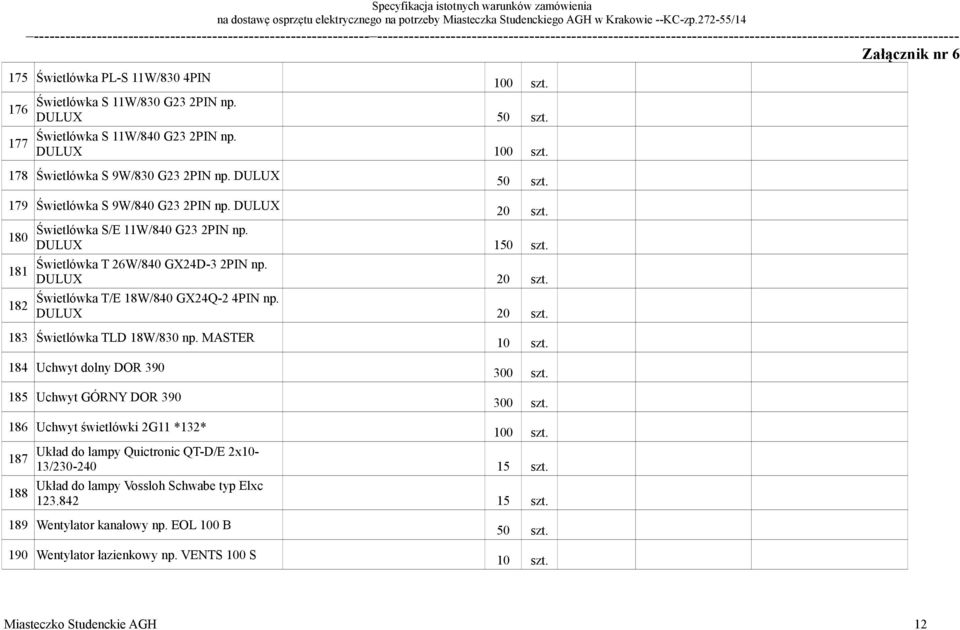 181 DULUX Świetlówka T/E 18W/840 GX24Q-2 4PIN np. 182 DULUX 183 Świetlówka TLD 18W/830 np. MASTER 184 Uchwyt dolny DOR 390 185 Uchwyt GÓRNY DOR 390 300 szt.