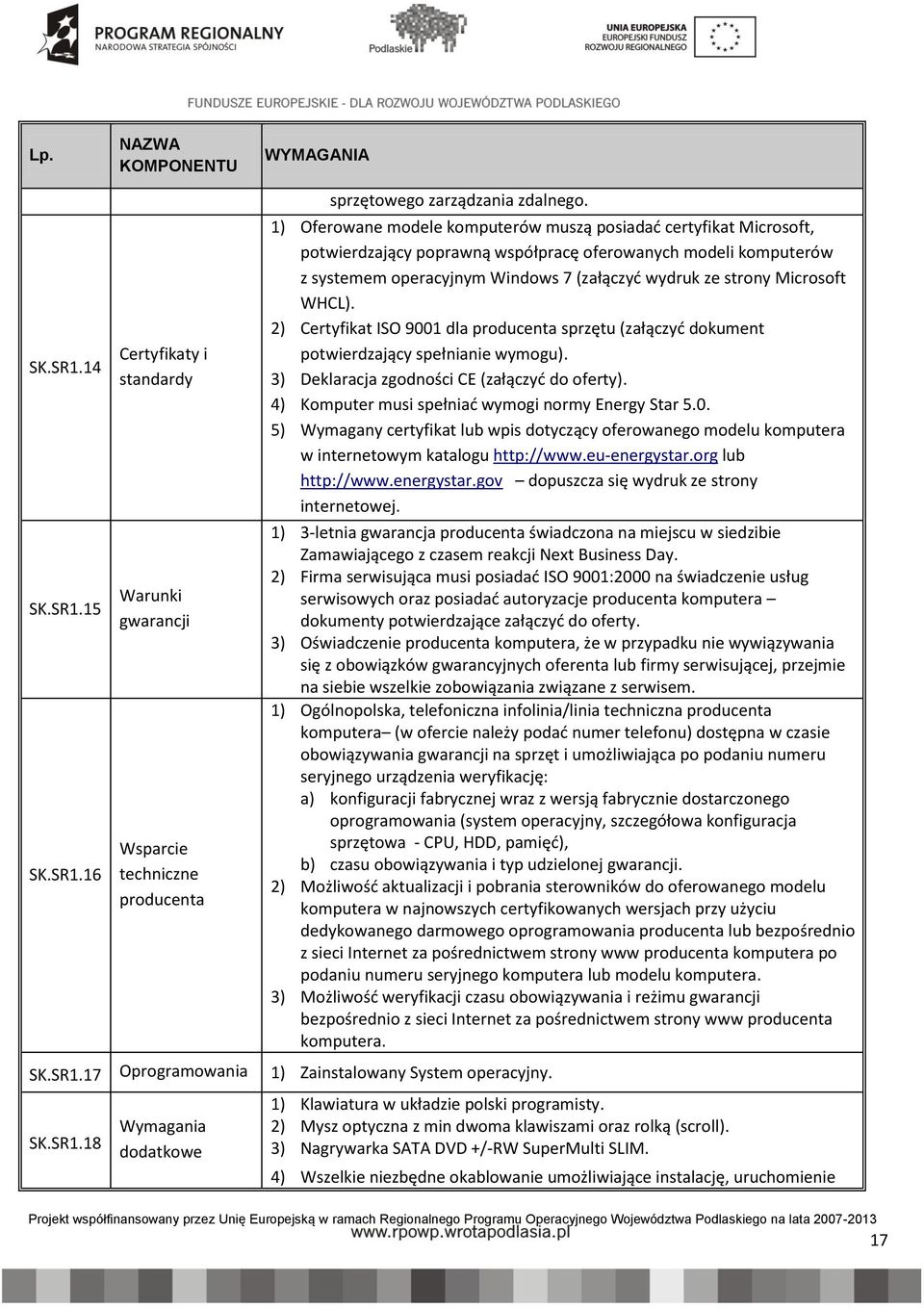 Microsoft WHCL). 2) Certyfikat ISO 9001 dla producenta sprzętu (załączyć dokument potwierdzający spełnianie wymogu). 3) Deklaracja zgodności CE (załączyć do oferty).