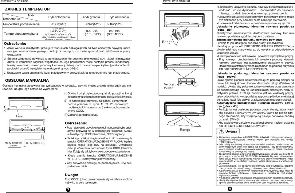 Jeżeli warunki klimatyzator pracuje w warunkach odbiegających od tych opisanych powyżej, może nastąpić uruchomienie pewnych funkcji ochronnych, co może spowodować zakłócenia w pracy urządzenia. 2.