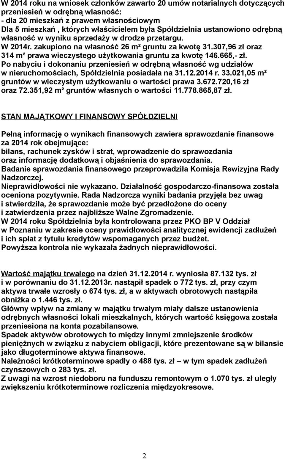 307,96 zł oraz 314 m² prawa wieczystego użytkowania gruntu za kwotę 146.665,- zł. Po nabyciu i dokonaniu przeniesień w odrębną własność wg udziałów w nieruchomościach, Spółdzielnia posiadała na 31.12.