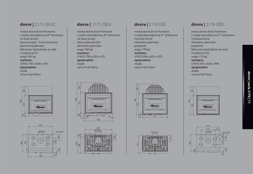 175 4X Ø125 180 nowoczesne drzwi frontowe z szyba żaroodporną 29 otwierane na lewą stronę dwie szyby boczne obnizone palenisko waga 160 kg S/W/G 700 x 820 x 470 470 820 395 75 65 510 245 15 15 700