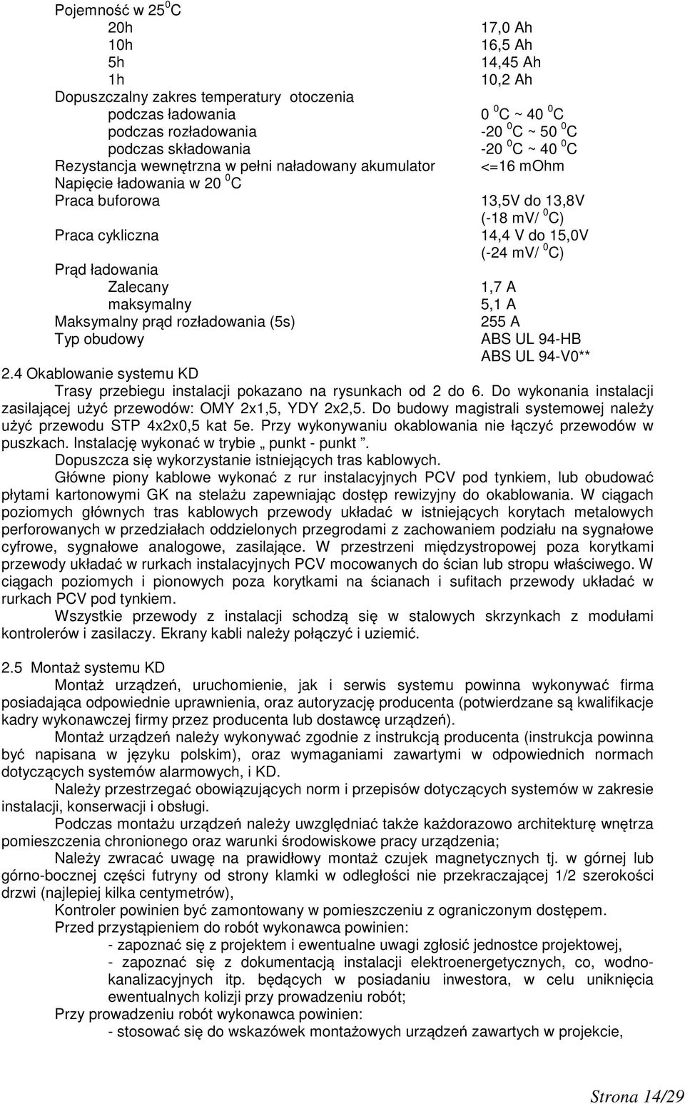 Pr d ładowania Zalecany 1,7 A maksymalny 5,1 A Maksymalny pr d rozładowania (5s) 255 A Typ obudowy ABS UL 94-HB ABS UL 94-V0** 2.