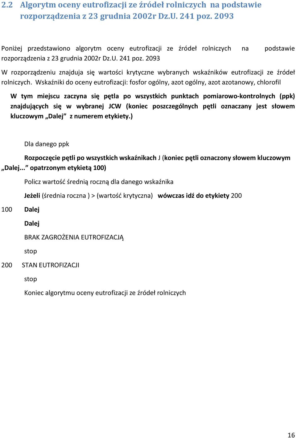 2093 W rozporządzeniu znajduja się wartości krytyczne wybranych wskaźników eutrofizacji ze źródeł rolniczych.