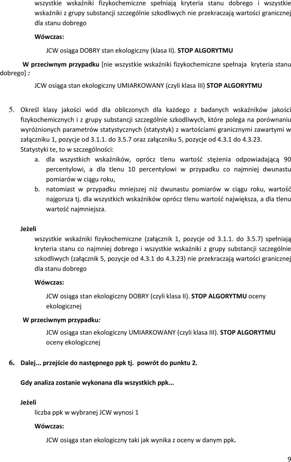 STOP ALGORYTMU W przeciwnym przypadku [nie wszystkie wskaźniki fizykochemiczne spełnaja kryteria stanu dobrego] : JCW osiąga stan ekologiczny UMIARKOWANY (czyli klasa III) STOP ALGORYTMU 5.