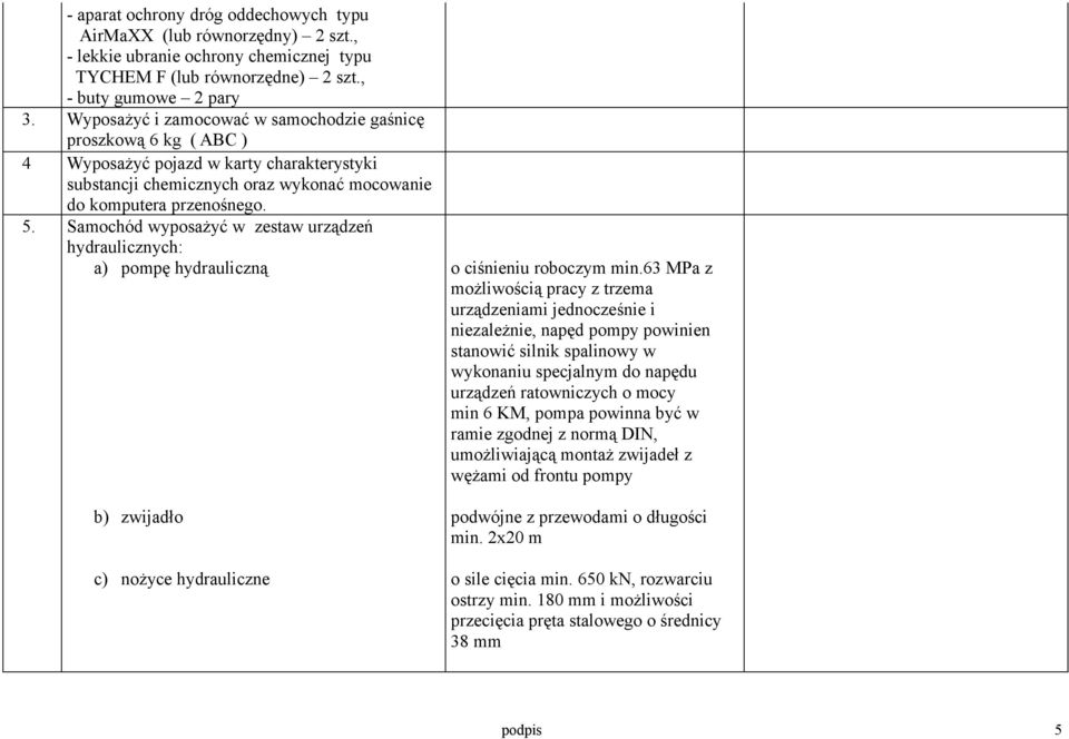 Samochód wyposażyć w zestaw urządzeń hydraulicznych: a) pompę hydrauliczną b) zwijadło c) nożyce hydrauliczne o ciśnieniu roboczym min.