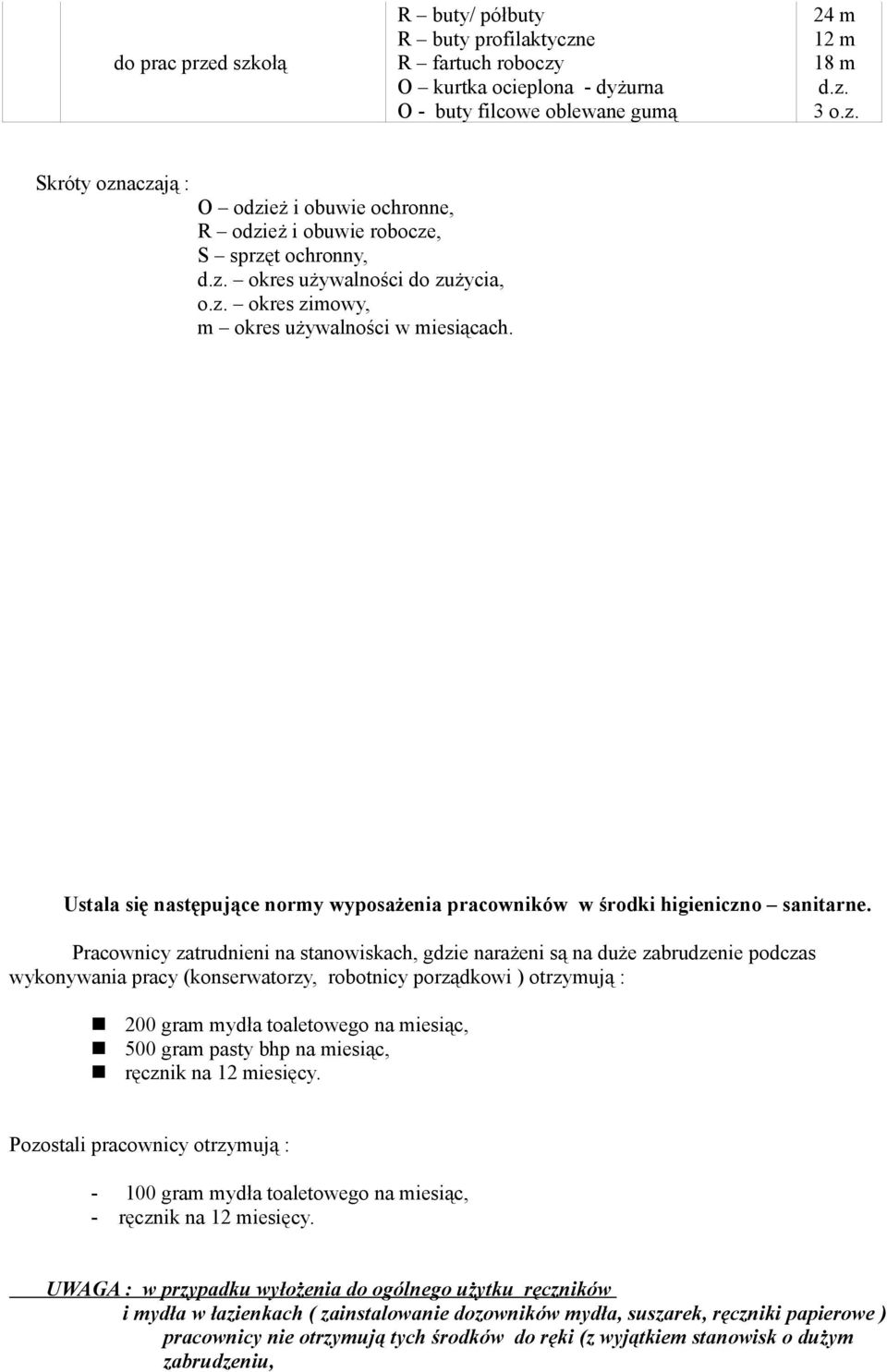 Pracownicy zatrudnieni na stanowiskach, gdzie narażeni są na duże zabrudzenie podczas wykonywania pracy (konserwatorzy, robotnicy porządkowi ) otrzymują : 200 gram mydła toaletowego na miesiąc, 500