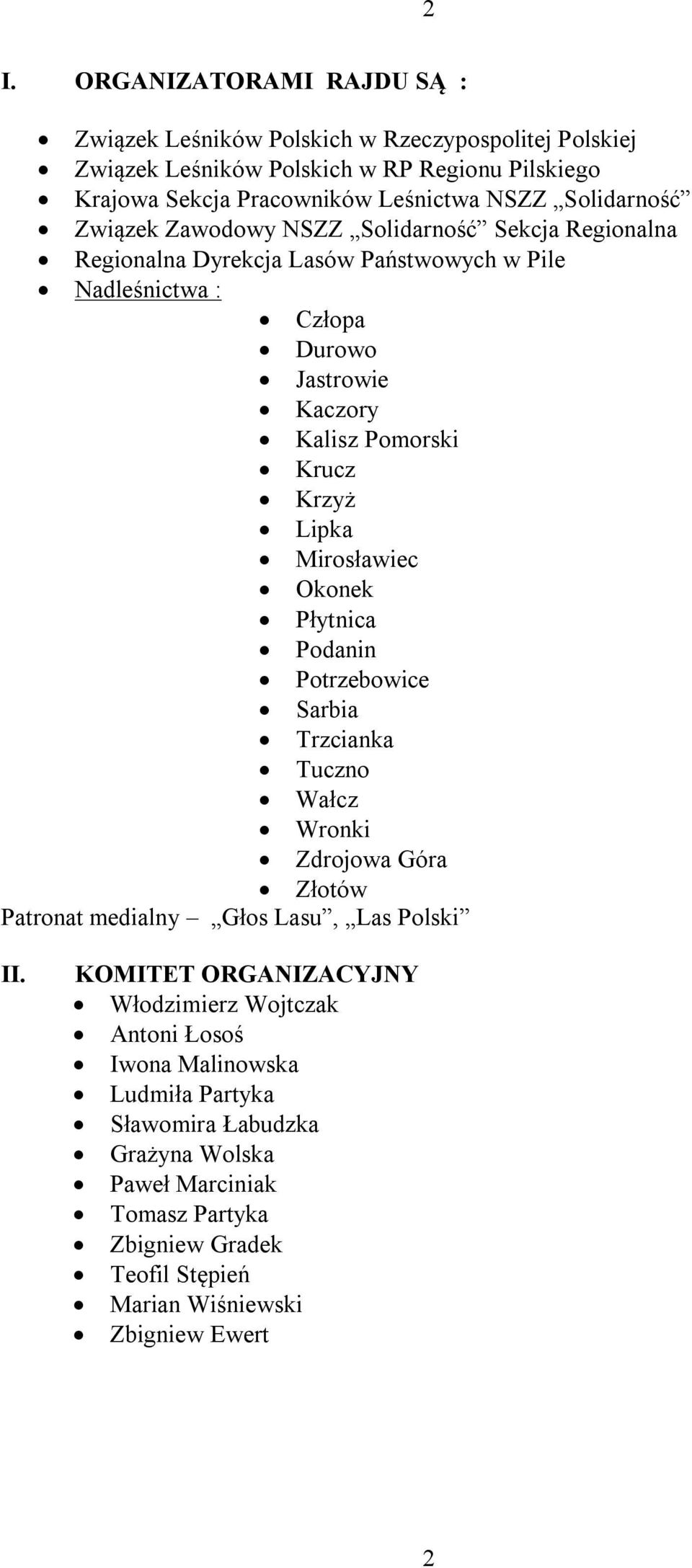 Lipka Mirosławiec Okonek Płytnica Podanin Potrzebowice Sarbia Trzcianka Tuczno Wałcz Wronki Zdrojowa Góra Złotów Patronat medialny Głos Lasu, Las Polski II.