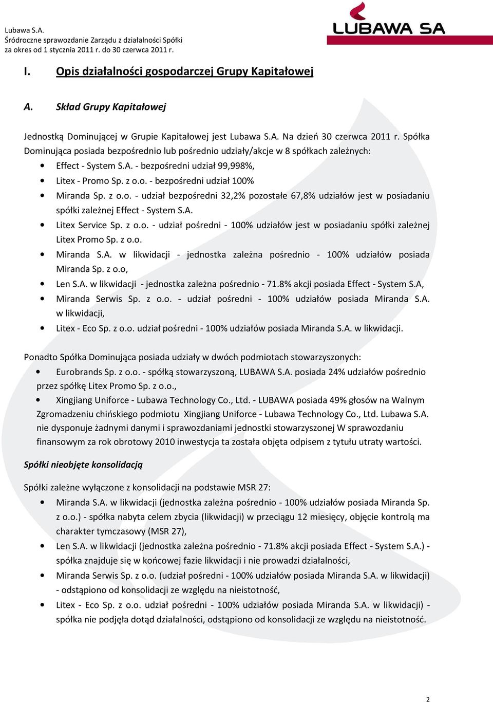 z o.o. - udział bezpośredni 32,2% pozostałe 67,8% udziałów jest w posiadaniu spółki zależnej Effect - System S.A. Litex Service Sp. z o.o. - udział pośredni - 100% udziałów jest w posiadaniu spółki zależnej Litex Promo Sp.