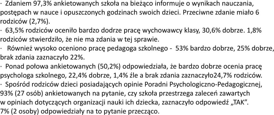 Również wysoko oceniono pracę pedagoga szkolnego - 53% bardzo dobrze, 25% dobrze, brak zdania zaznaczyło 22%.