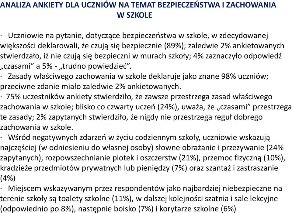 Zasady właściwego zachowania w szkole deklaruje jako znane 98% uczniów; przeciwne zdanie miało zaledwie 2% ankietowanych.