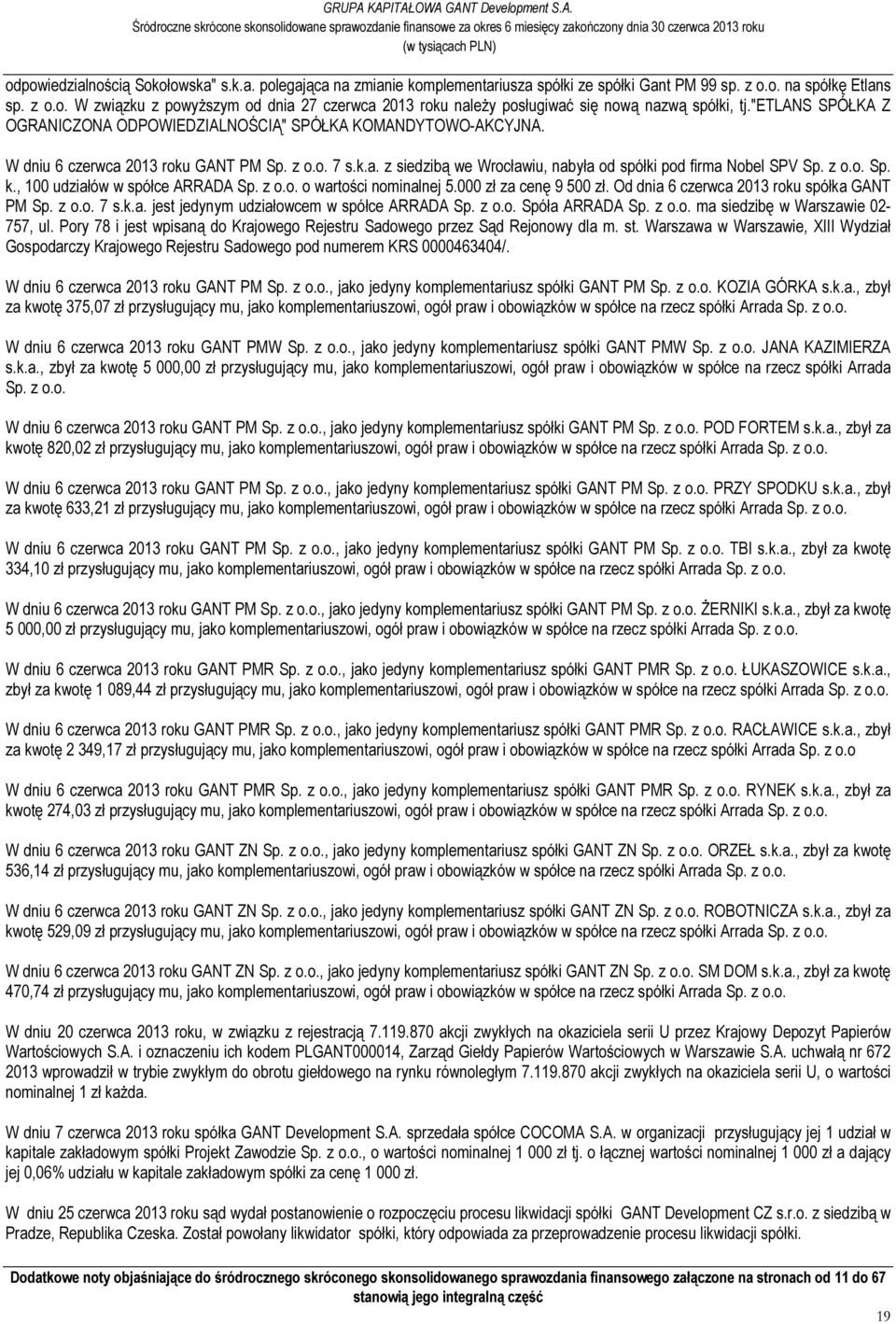 z o.o. Sp. k., 100 udziałów w spółce ARRADA Sp. z o.o. o wartości nominalnej 5.000 zł za cenę 9 500 zł. Od dnia 6 czerwca 2013 roku spółka GANT PM Sp. z o.o. 7 s.k.a. jest jedynym udziałowcem w spółce ARRADA Sp.