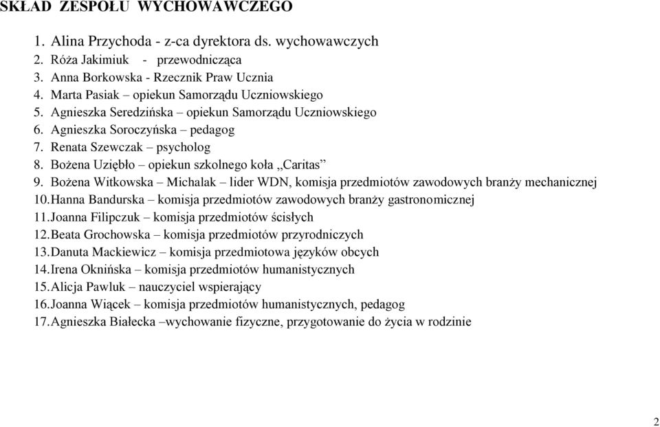 Bożena Witkowska Michalak lider WDN, komisja przedmiotów zawodowych branży mechanicznej 10. Hanna Bandurska komisja przedmiotów zawodowych branży gastronomicznej 11.