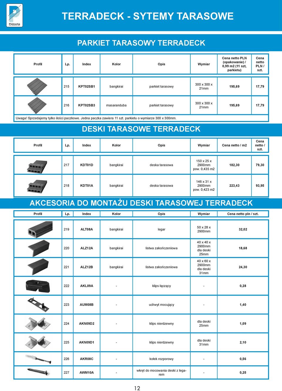 Jedna paczka zawiera 11 szt. parkietu o wymiarze 300 x 300mm. DESKI TARASOWE TERRADECK Profil Lp. Index Kolor Opis Wymiar Cena netto / m2 Cena netto / szt.