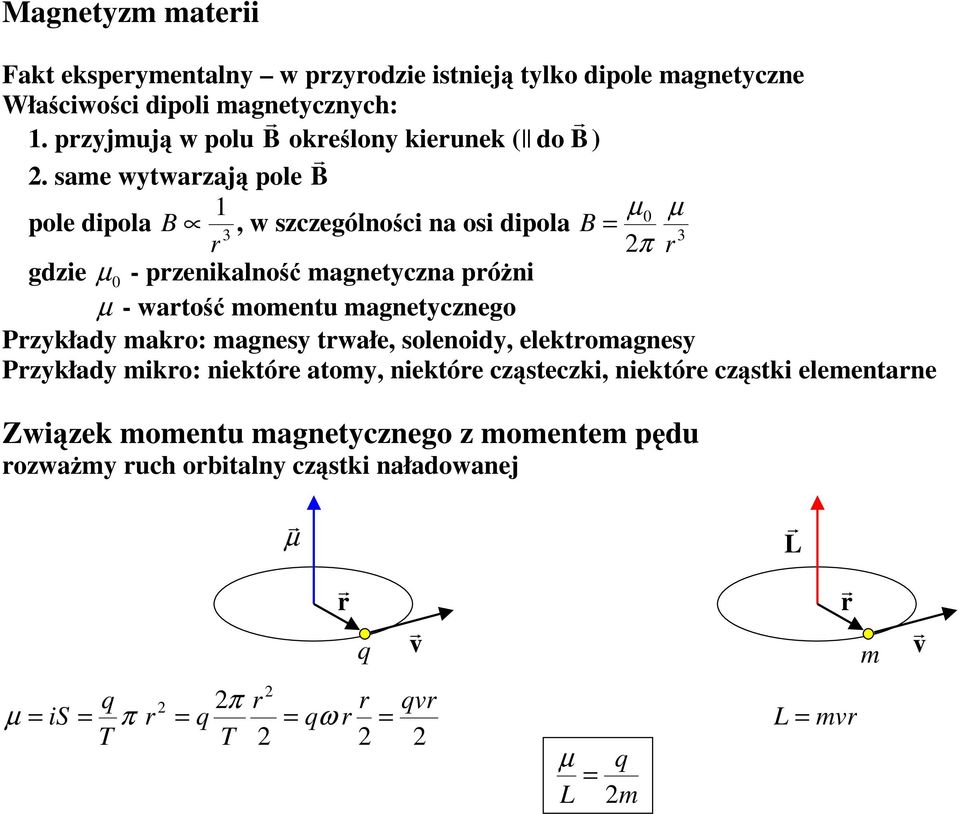 same wytwazają pole B pole dipola B 1 3, w szczególności na osi dipola µ µ B = 2π 3 gdzie µ - pzenikalność magnetyczna póżni µ - watość momentu