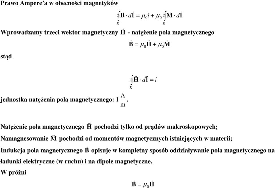 m H d l = i Natężenie pola magnetycznego H pochodzi tylko od pądów makoskopowych; Namagnesowanie M pochodzi od momentów