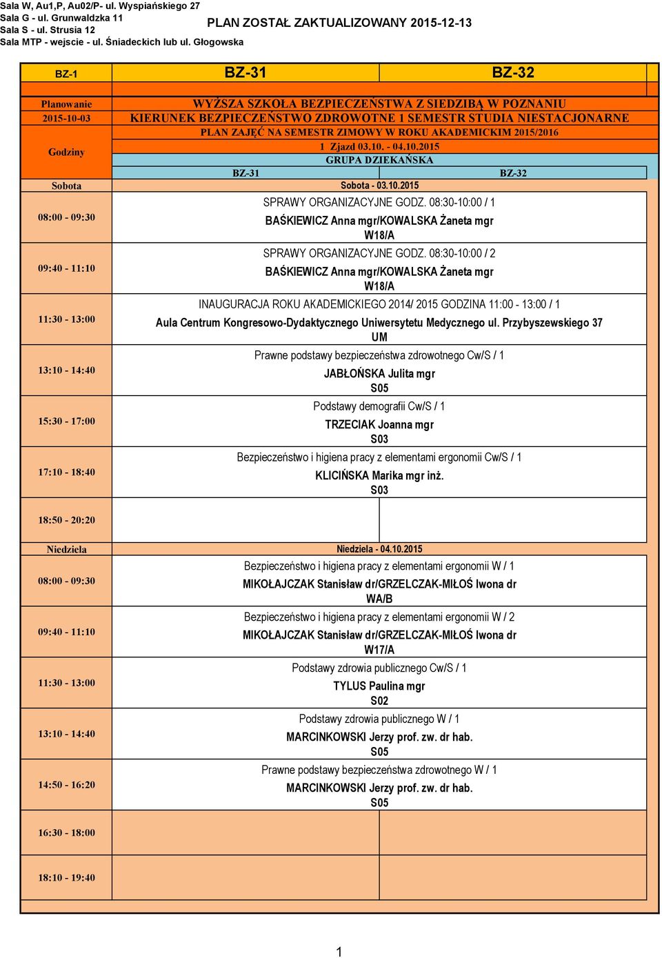 Przybyszewskiego 37 UM Prawne podstawy bezpieczeństwa zdrowotnego Cw/S / 1 Podstawy demografii Cw/S / 1 Bezpieczeństwo i higiena pracy z elementami ergonomii Cw/S / 1 KLICIŃSKA Marika mgr inż. - 04.