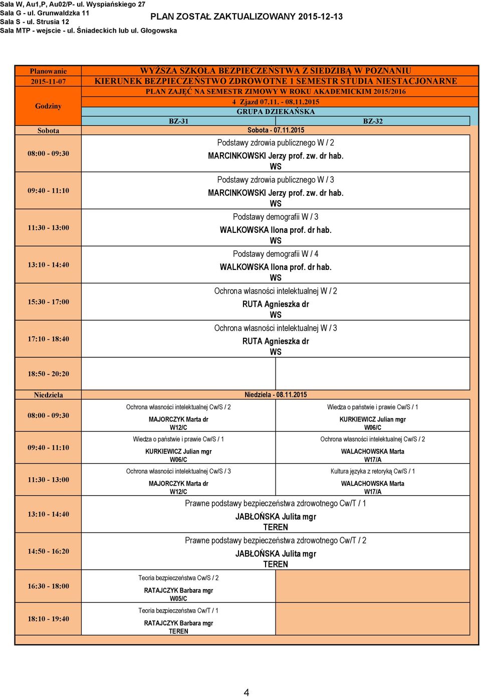 Ochrona własności intelektualnej W / 2 RUTA Agnieszka dr Ochrona własności intelektualnej W / 3 RUTA Agnieszka dr Ochrona własności intelektualnej Cw/S / 2 Wiedza o państwie i prawie Cw/S / 1 W06/C