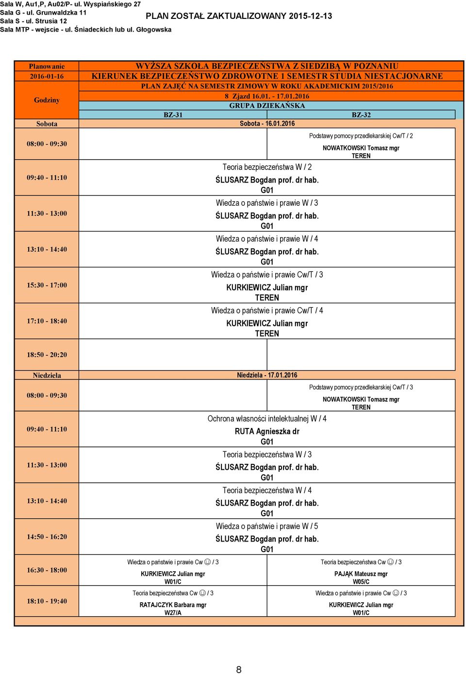 prawie Cw/T / 3 Wiedza o państwie i prawie Cw/T / 4 Podstawy pomocy przedlekarskiej Cw/T / 2 NOWATKOKI Tomasz mgr Wiedza o państwie i prawie Cw / 3 W01/C W27/A -