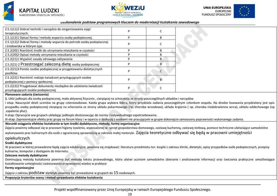 5.2(21)3 omóc osobie podopiecznej w przygotowaniu dietetycznych posiłków. Z.5.2(22)1 Rozróżnić rodzaje świadczeń przysługujących osobie podopiecznej z pomocy społecznej Z.5.2(22)2 rzygotować dokumenty niezbędne do udzielania świadczeń przysługujących osobie podopiecznej lanowane zadania (ćwiczenia) 1.