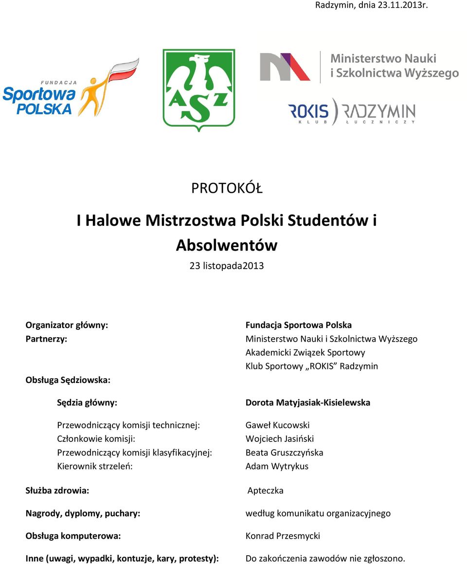 Członkowie komisji: Przewodniczący komisji klasyfikacyjnej: Kierownik strzeleń: Służba zdrowia: Nagrody, dyplomy, puchary: Obsługa komputerowa: Inne (uwagi, wypadki, kontuzje,