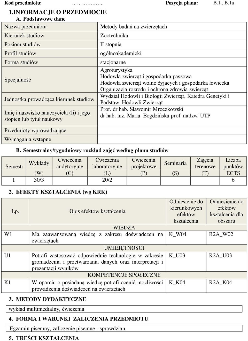 (li) i jego stopień lub tytuł naukowy Przedmioty wprowadzające Wymagania wstępne Zootechnika II stopnia ogólnoakademicki stacjonarne Agroturystyka Hodowla zwierząt i gospodarka paszowa Hodowla