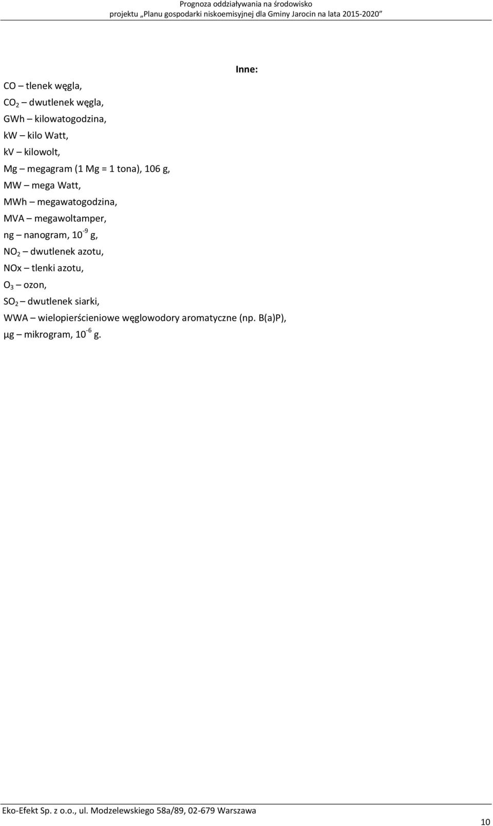 16 g, MW mega Watt, MWh megawatogodzina, MVA megawoltamper, ng nanogram, 1-9 g, NO 2 dwutlenek azotu, NOx tlenki