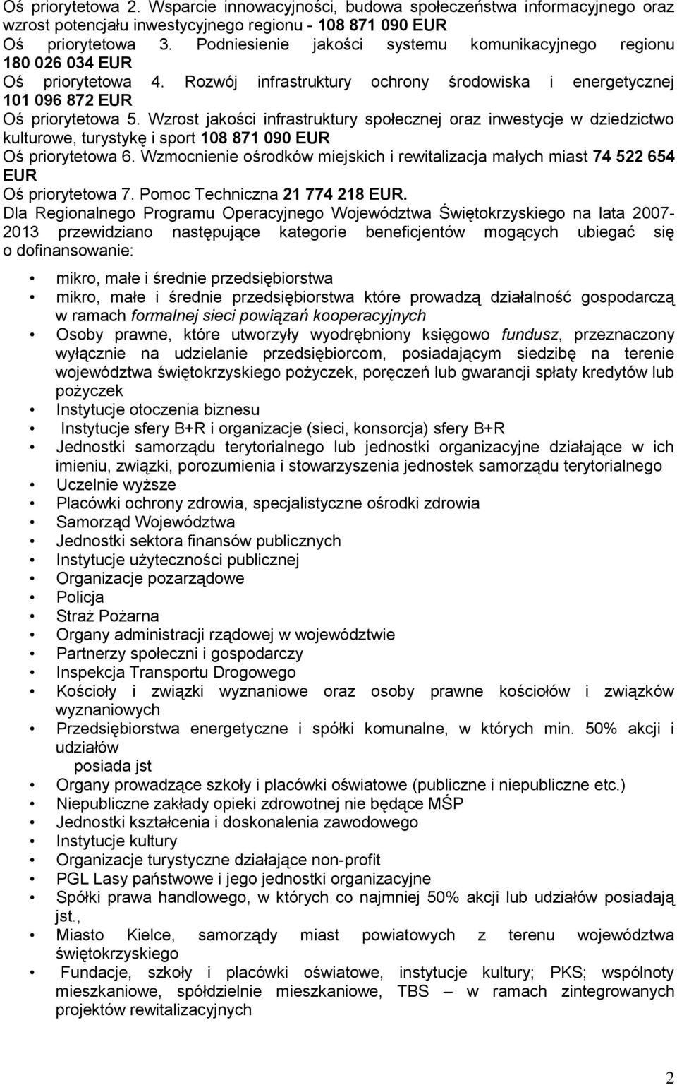 Wzrost jakości infrastruktury społecznej oraz inwestycje w dziedzictwo kulturowe, turystykę i sport 108 871 090 EUR Oś priorytetowa 6.