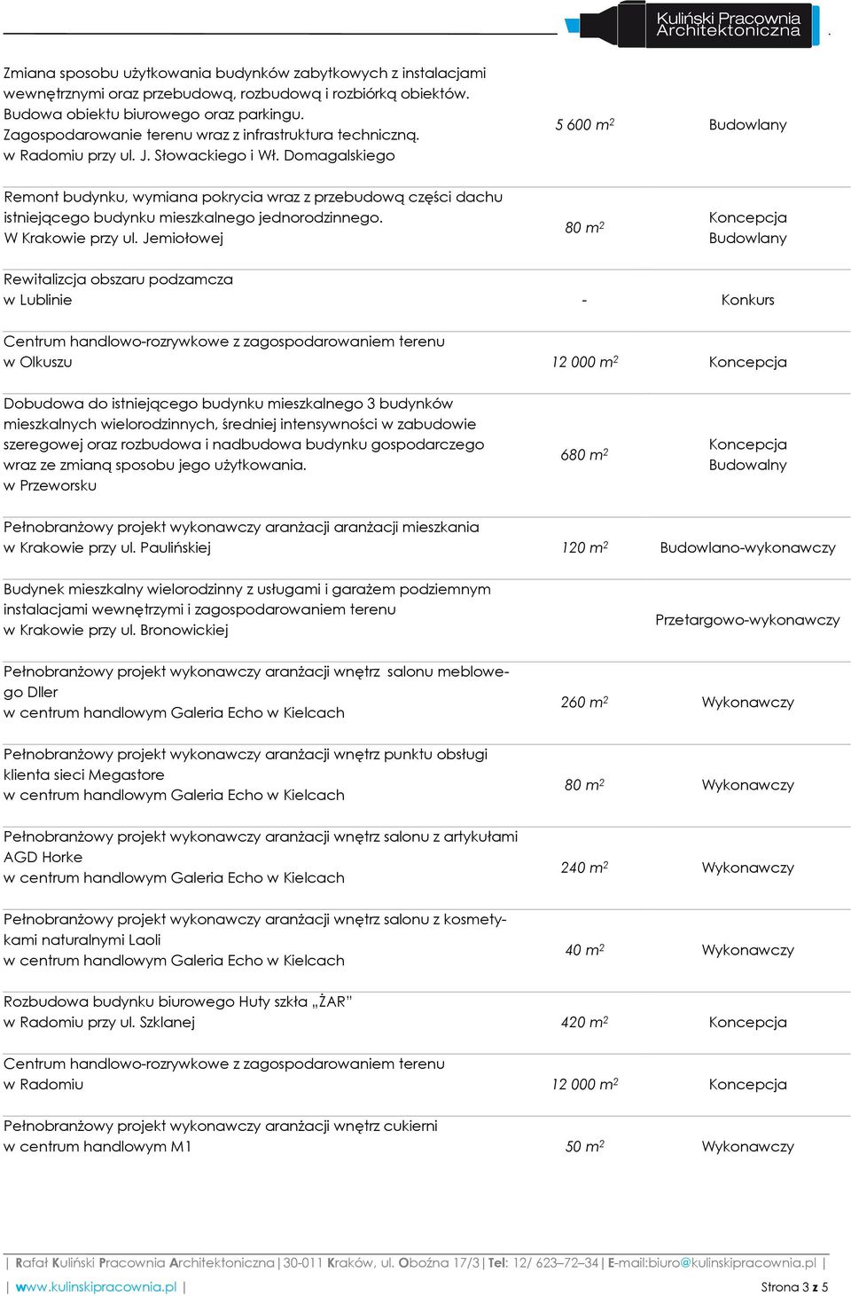 Domagalskiego 5 600 m 2 Remont budynku, wymiana pokrycia wraz z przebudową części dachu istniejącego budynku mieszkalnego jednorodzinnego. W Krakowie przy ul.