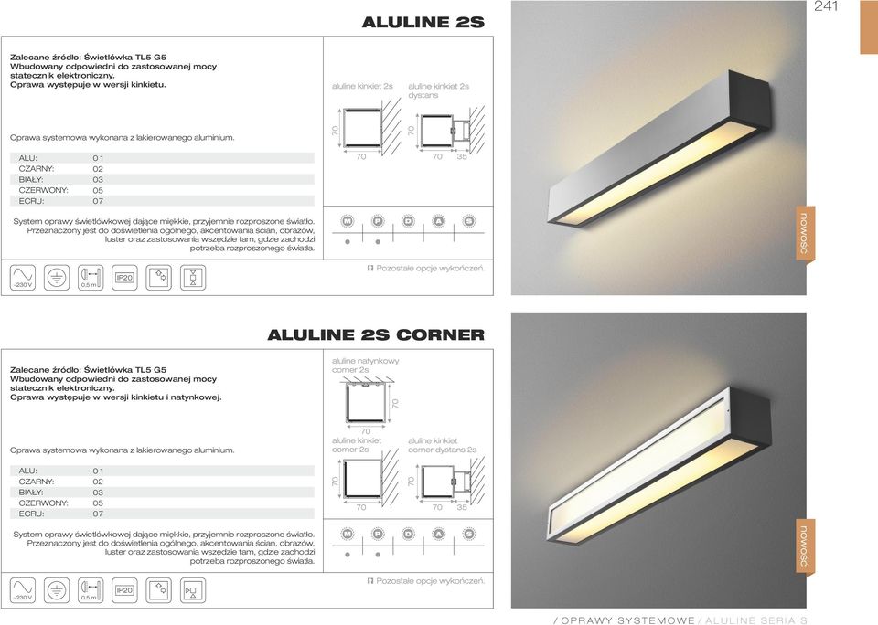 zachodzi potrzeba rozproszonego światła. ALULINE 2S CORNER Oprawa występuje w wersji kinkietu i natynkowej.