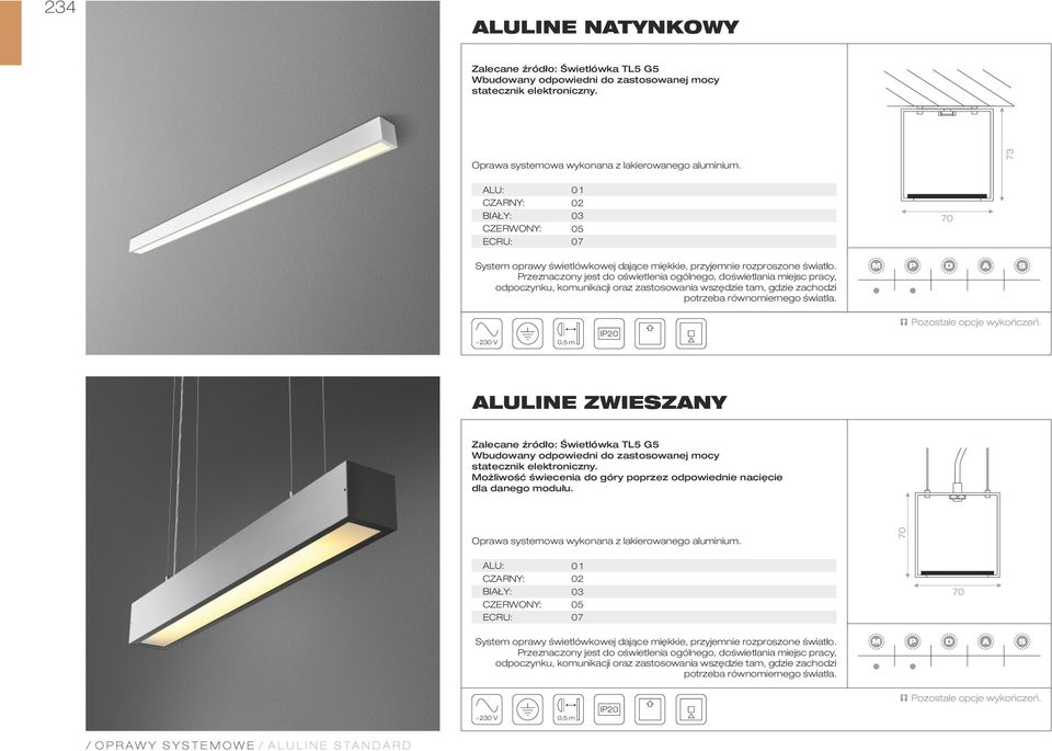 ALULINE ZWIESZANY Możliwość świecenia do góry poprzez odpowiednie nacięcie dla danego modułu.