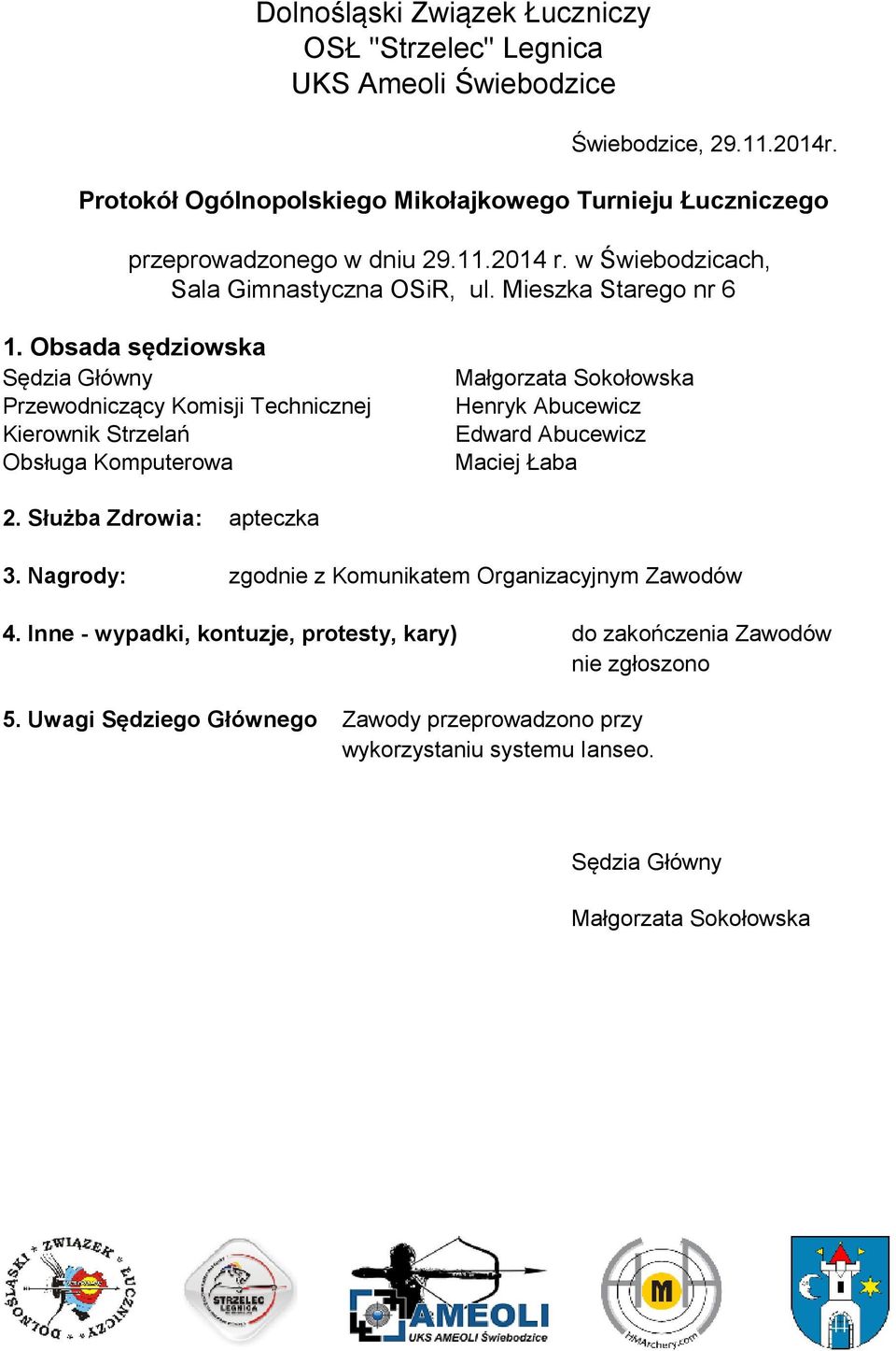 Obsada sędziowska Sędzia Główny Przewodniczący Komisji Technicznej Kierownik Strzelań Obsługa Komputerowa Małgorzata Sokołowska Henryk Abucewicz Edward Abucewicz Maciej Łaba 2.