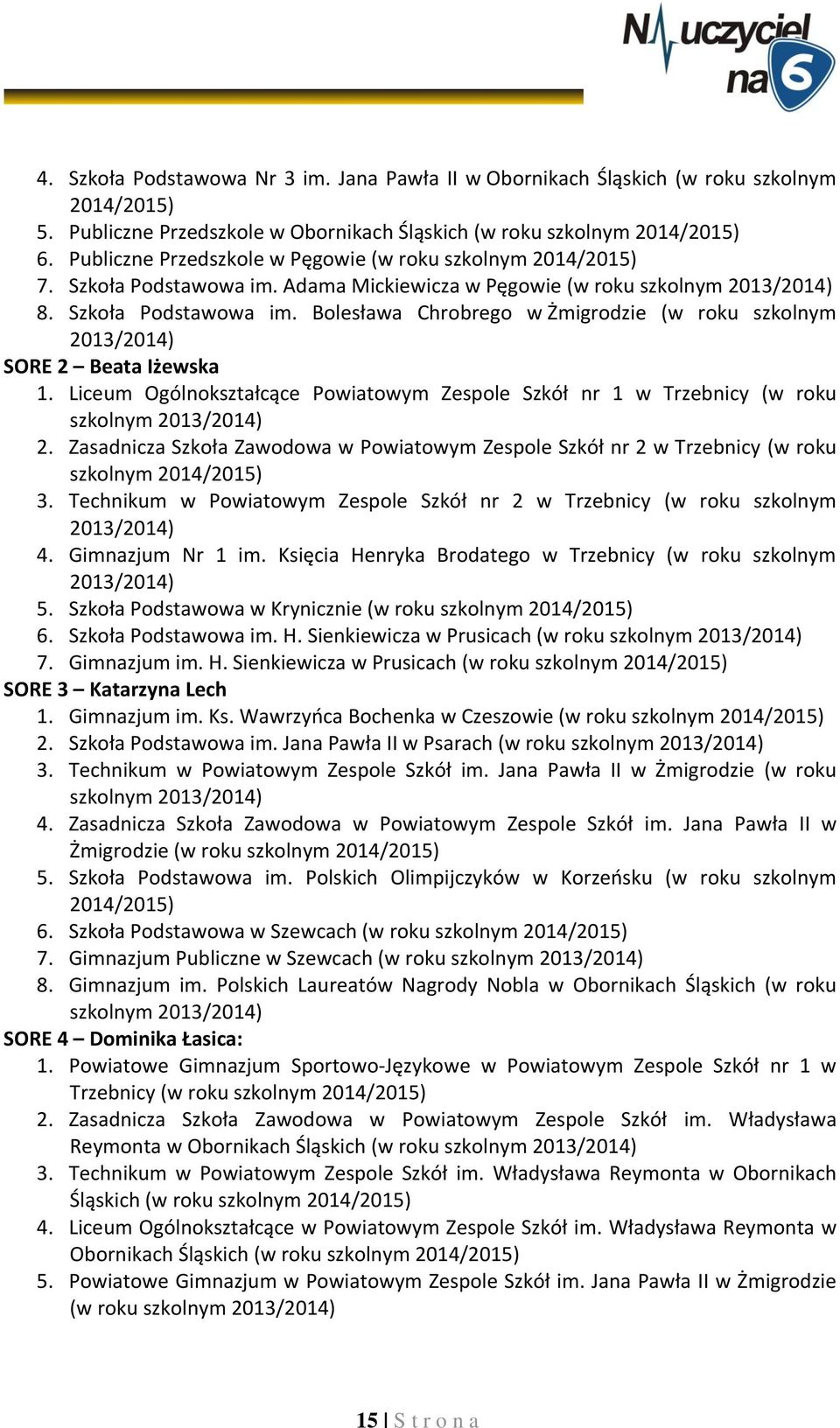 Liceum Ogólnokształcące Powiatowym Zespole Szkół nr 1 w Trzebnicy (w roku szkolnym 2013/2014) 2. Zasadnicza Szkoła Zawodowa w Powiatowym Zespole Szkół nr 2 w Trzebnicy (w roku szkolnym 2014/2015) 3.