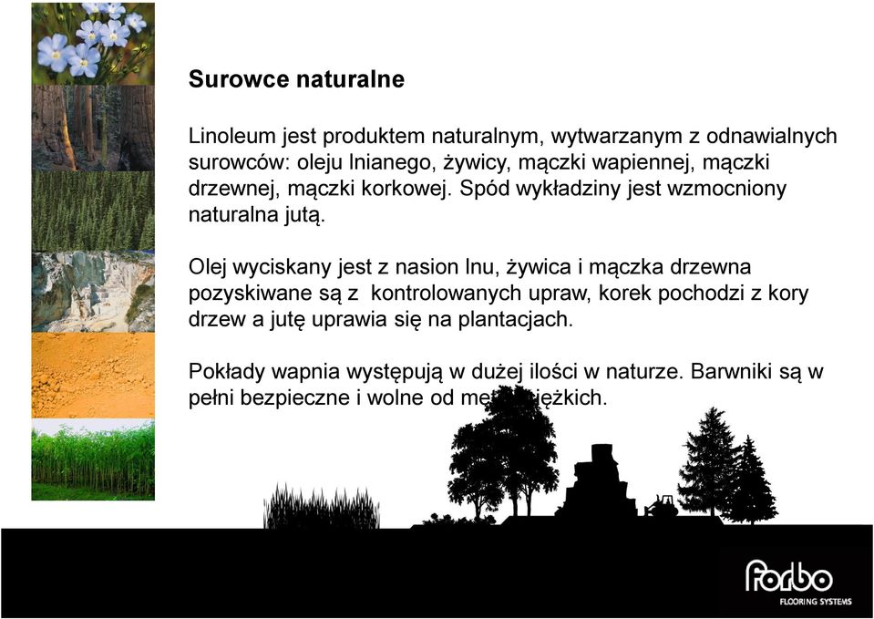 Olej wyciskany jest z nasion lnu, żywica i mączka drzewna pozyskiwane są z kontrolowanych upraw, korek pochodzi z kory