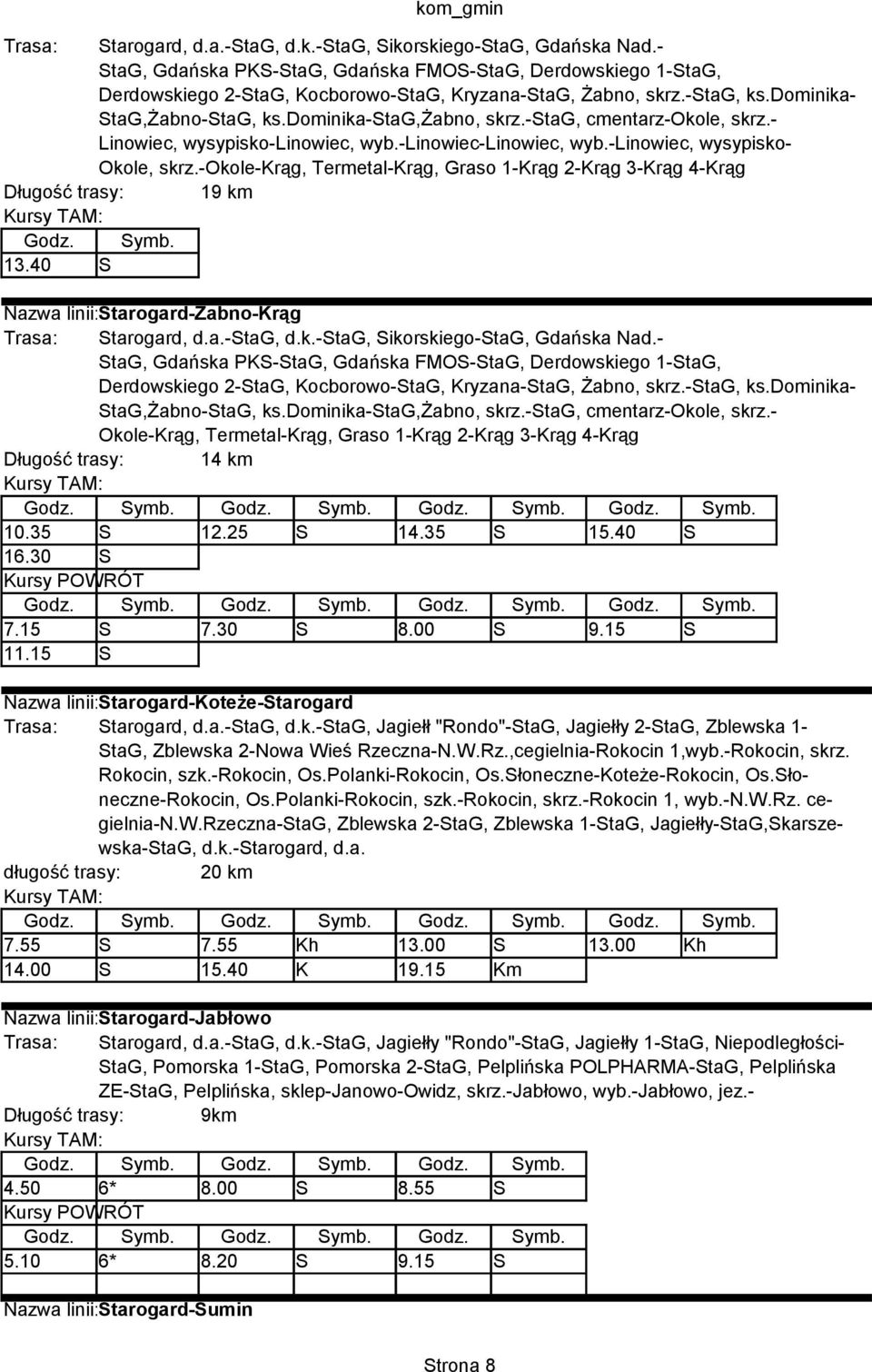 -okole-krąg, Termetal-Krąg, Graso 1-Krąg 2-Krąg 3-Krąg 4-Krąg Długość trasy: 19 km 13.40 S Nazwa linii: Starogard-Żabno-Krąg -stag, ks.dominika- StaG,Żabno-StaG, ks.dominika-stag,żabno, skrz.