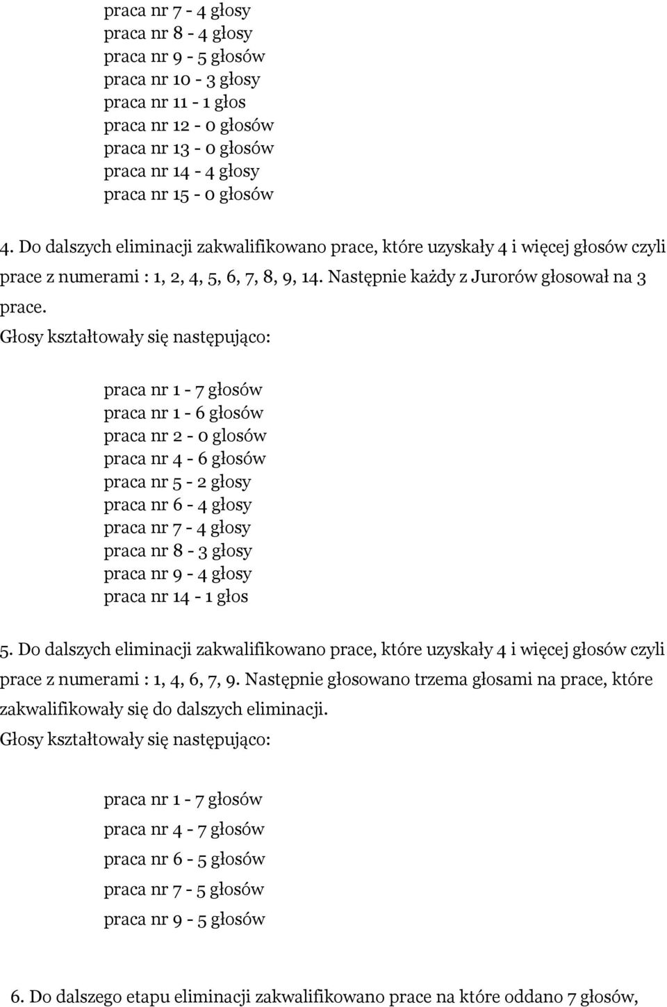 praca nr 1-7 głosów praca nr 1-6 głosów praca nr 2-0 glosów praca nr 4-6 głosów praca nr 5-2 głosy praca nr 6-4 głosy praca nr 7-4 głosy praca nr 8-3 głosy praca nr 9-4 głosy praca nr 14-1 głos 5.