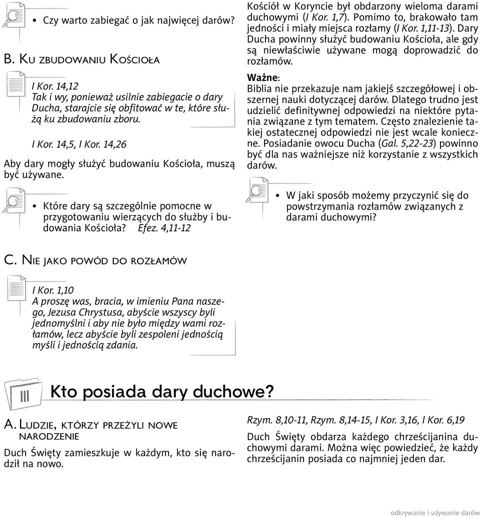 4,11-12 Kościół w Koryncie był obdarzony wieloma darami duchowymi (I Kor. 1,7). Pomimo to, brakowało tam jedności i miały miejsca rozłamy (I Kor. 1,11-13).