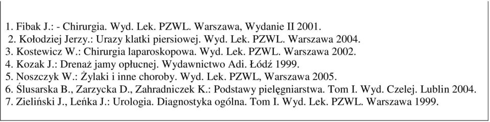 Noszczyk W.: Żylaki i inne choroby. Wyd. Lek. PZWL, Warszawa 2005. 6. Ślusarska B., Zarzycka D., Zahradniczek K.: Podstawy pielęgniarstwa.