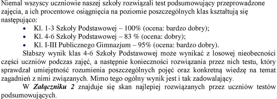 Słabszy wynik klas 4-6 Szkoły Podstawowej może wynikać z losowej nieobecności części uczniów podczas zajęć, a następnie konieczności rozwiązania przez nich testu, który sprawdzał umiejętność