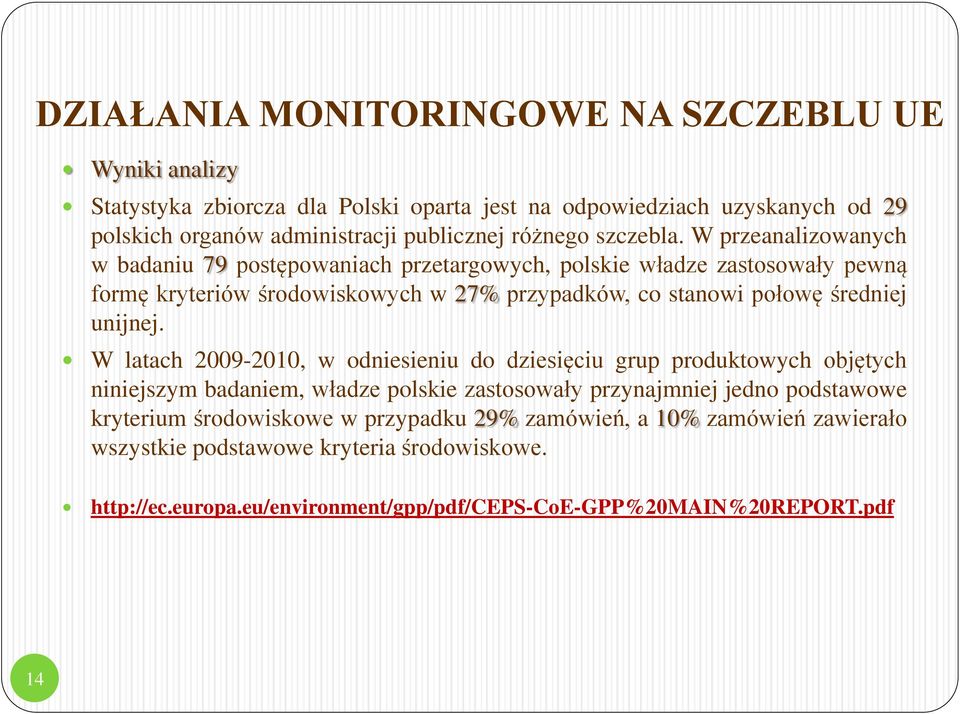 W przeanalizowanych w badaniu 79 postępowaniach przetargowych, polskie władze zastosowały pewną formę kryteriów środowiskowych w 27% przypadków, co stanowi połowę średniej unijnej.
