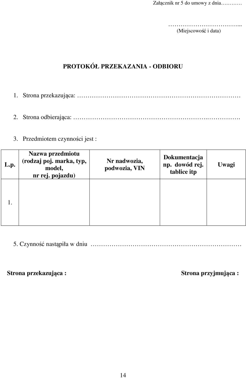 marka, typ, model, nr rej. pojazdu) Nr nadwozia, podwozia, VIN Dokumentacja np. dowód rej.